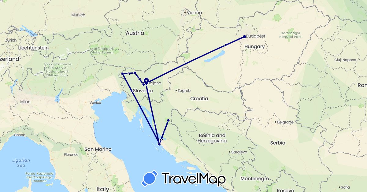 TravelMap itinerary: driving in Croatia, Hungary, Slovenia (Europe)
